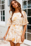 Leona Half Sleeve Frill Trim Dress Leaf Print Yellow Multi