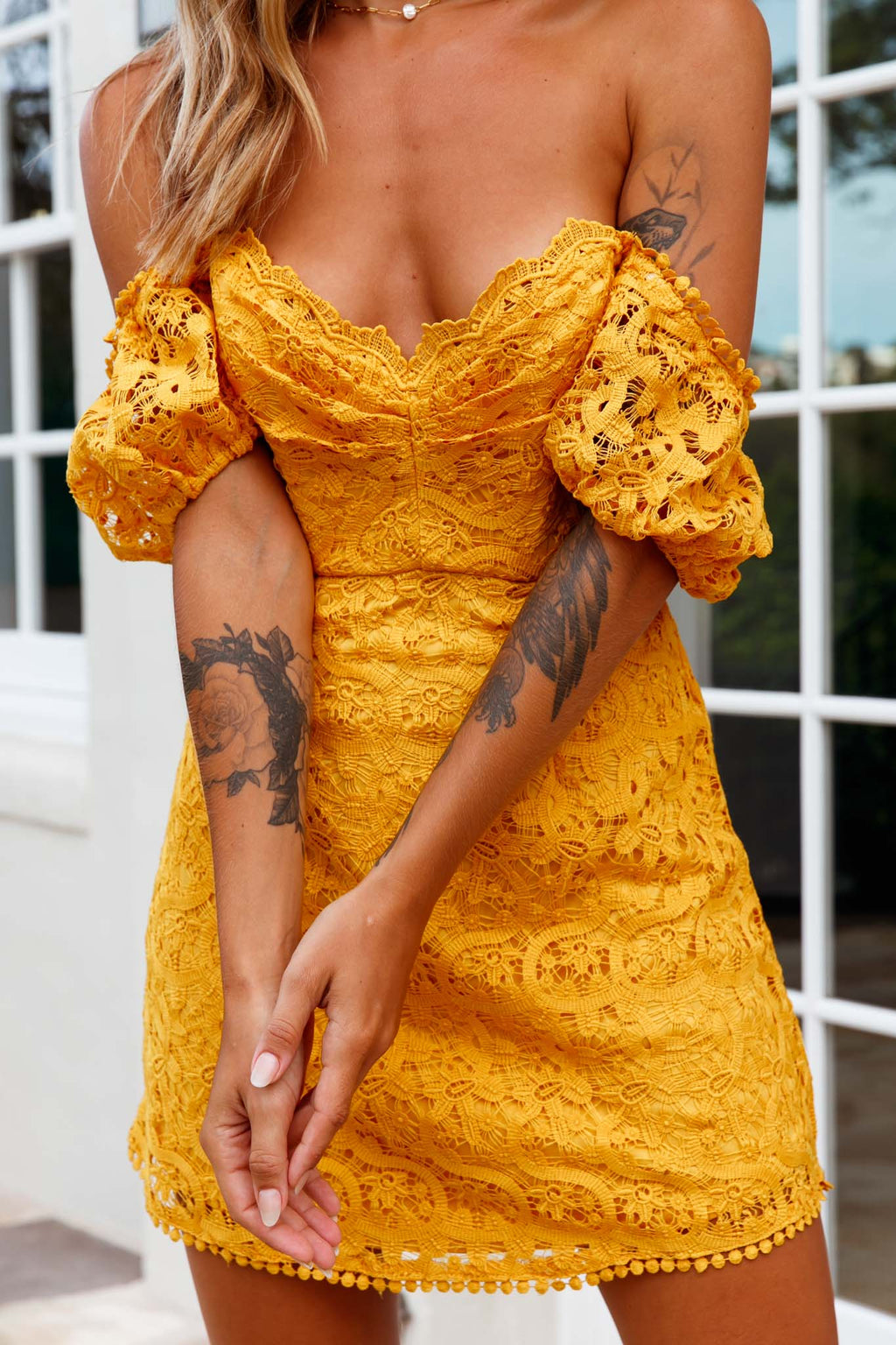 Costa Mesa Puff Sleeve Lace Overlay Dress Yellow